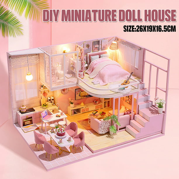 DIY Handmade Miniature Pink Girl Wooden Loft Doll House Model Kits Kids Toy Gift